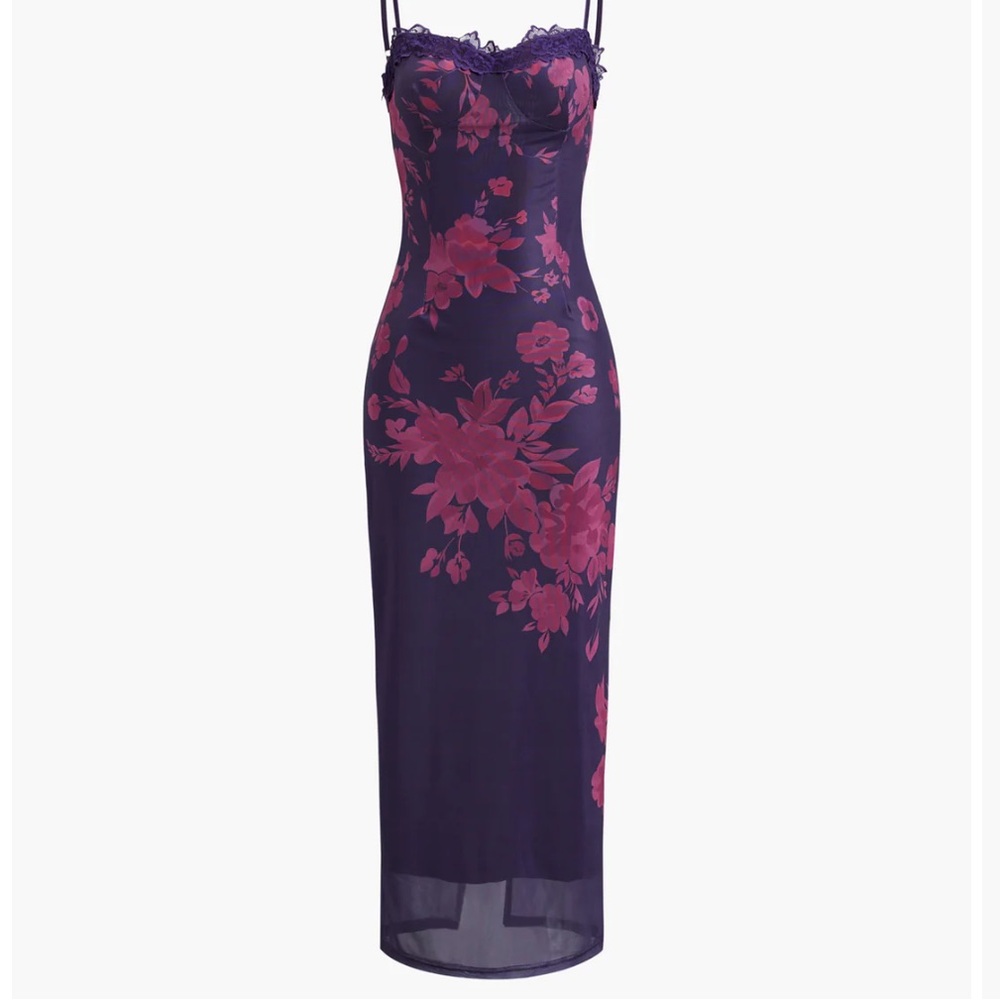 Tied Lace trim Floral Mesh Maxi dress